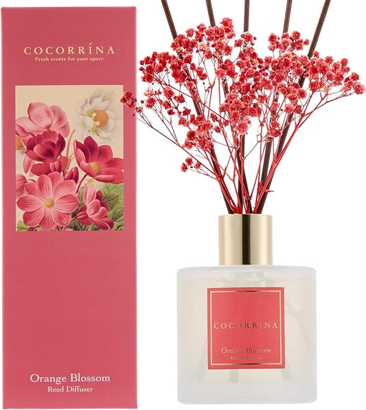 COCORRÍNA Reed Diffuser - Orange Blossom 6.76 Fl.oz Reed Diffuser Sets with Preserved Flowers, Diffuser with 8 Sticks for Bathroom Shelf Decor