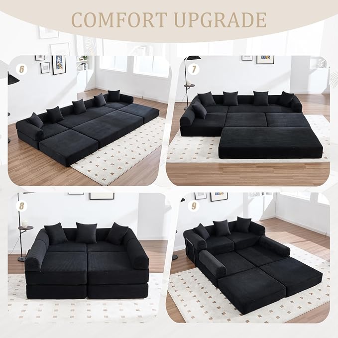 106" Oversized Convertible Sleeper Sofa Bed, Corduroy L Shape Sectional Couch, Folding Sofa Bed with Side Pocket, Modern Cloud Floor Mattress Couch, Modular Sofa for Living Room, Black