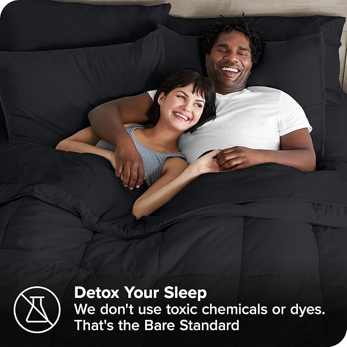 Bare Home Bed-in-A-Bag 7 Piece Comforter & Sheet Set - King - Goose Down Alternative - Ultra-Soft 1800 Premium - Bed Set (King, Black/Black)