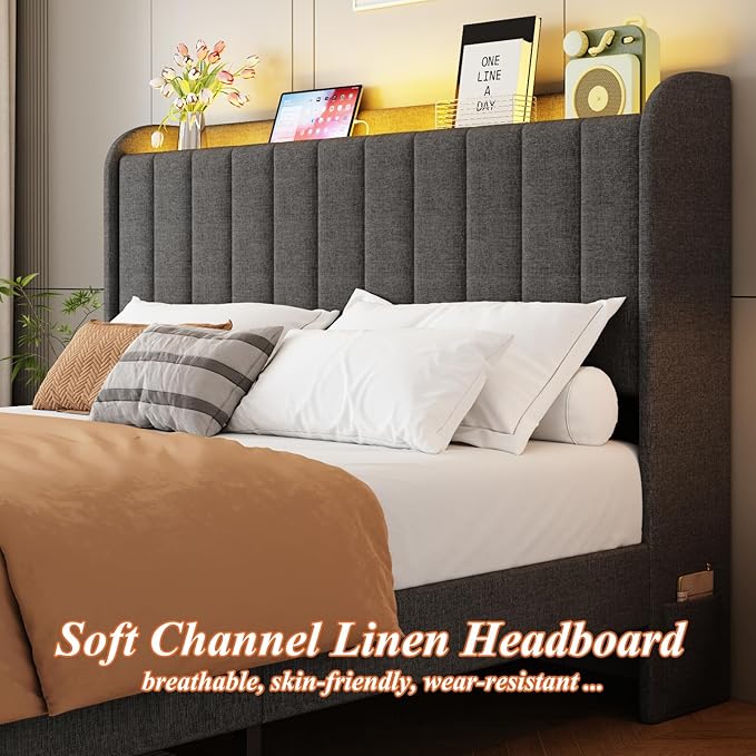 Full Size Bed Frames with Storage Headboard and 2 Drawers, Upholstered Platform Bed Frame Full with Led Lights and Handy Charging Station, No Box Spring Needed, Easy Assembly, Noise Free, Gray