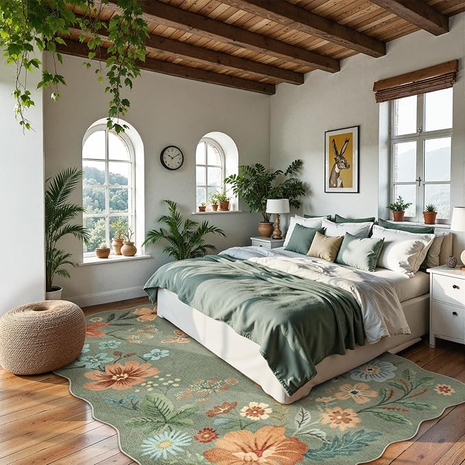 Lahome Floral Washable 6x9 Area Rugs, Soft Bedroom Rug for Living Room Ultra-Thin Non Slip Dining Room Rug, Stain Resistant Boho Green Rugs Easy Clean Throw Carpet for Office(6'x9',Green)