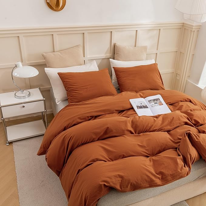 ECOCOTT Brown Duvet Cover King Size, 3 Piece 100% Washed Cotton 1 Duvet Cover with Zipper and 2 Pillowcases, Ultra Soft and Easy Care Breathable Cozy Bedding Set (Brown,King)