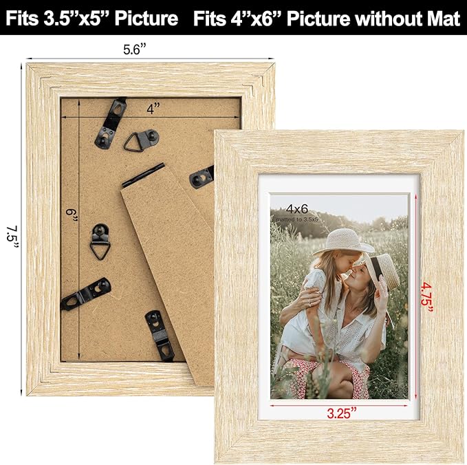 4x6 Picture Frame with Mat for 3.5x5, Natural Wood Grain Gallery Wall Picture Frames for Tabletop or Wall Mounting(4 Pack, Natural)