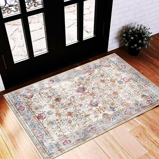 Area Rug 2'x3' Washable Rug Door Mat Vintage Distressed Doormat Indoor Entrance Traditional Thin Floral Print Non Slip Carpet for Kitchen Bathroom Bedroom Living Room