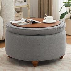 30Inch Round Storage Ottoman with Tray, Modern Tufted Fabric Circle Coffee Table with Storage, Upholstered Ottoman with Removable Top for Living Room, Bedroom, Light Grey