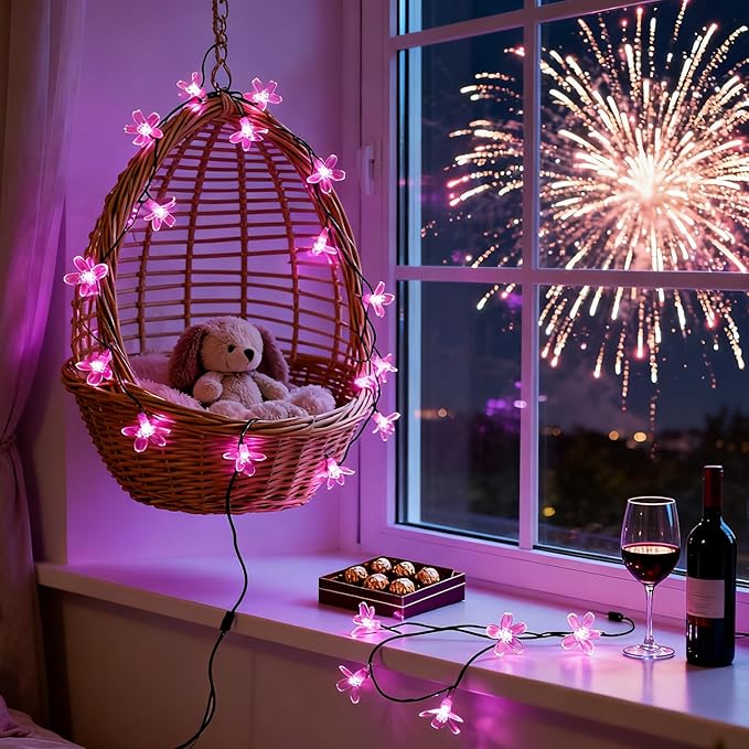 Fairy Flower String Lights, USB & Battery Lighted Decorative Cute Cherry Blossom Indoor Bedroom Window Hanging, Novelty Floral Lamp for Christmas Easter Wedding Party Birthday Décor (Pink)