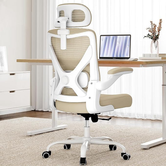 Ergonomic Office Chair - X-Shaped Computer Desk Chair Comfy, Gaming Chair, Office Chair with Lumbar Support, Mesh Office Chairs with Headrests, Desk Chair for Long Hours (White Beige)