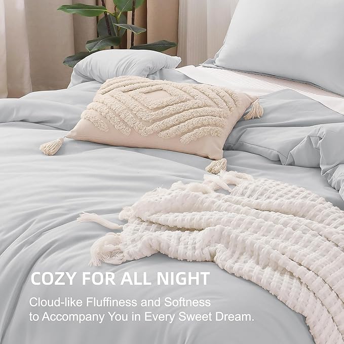 Litanika Comforter Set, Lightweight Solid Bedding Comforter Set, Fluffy Down Alternative Bed Set, Light Grey, Queen