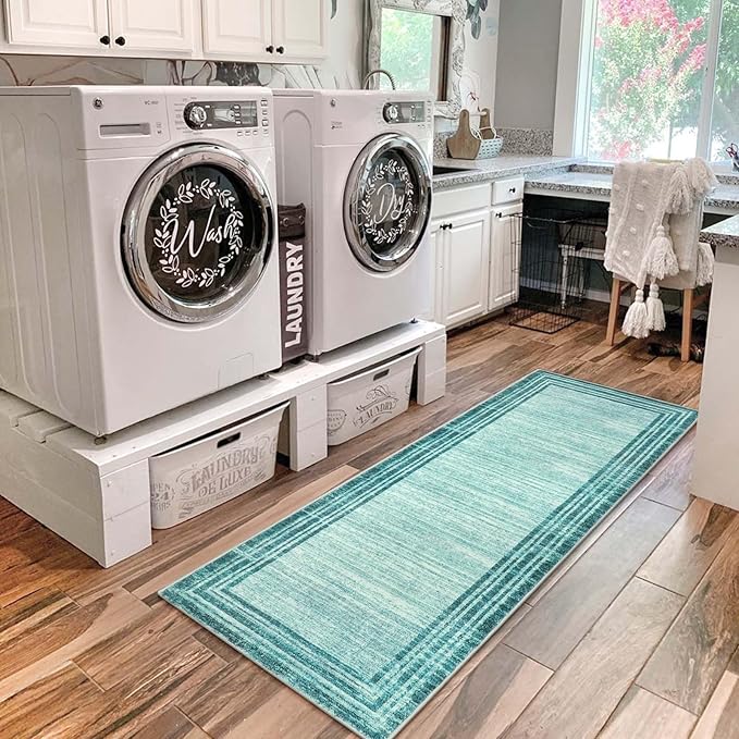 Lahome Modern Abstract Runner Rug, Washable Teal 2x6 Entryway Rug Runners Non Slip Hallway Runner, Low-Pile Soft Bathroom Runner Rug 6ft Kitchen Carpet Runner for Laundry Bedroom