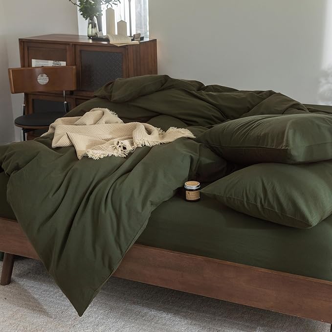 FOSSA Duvet Cover Set 100% Washed Cotton Linen Feel Super Soft Breathable Cozy 3 Pieces Bedding Sets Solid Olive Green Oversized Queen