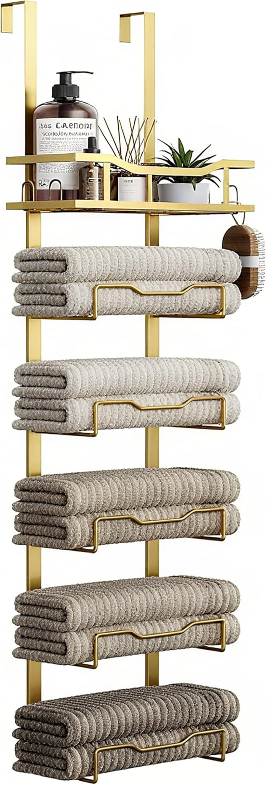 Hanging Towel Racks for Bathroom No Drill - 6-Tier Over The Door Bath Towel Storage Organizer for Small Bathrooms - Tiered Back of Door Towel Holder Hanger for Rolled Towels RV Camper Gold