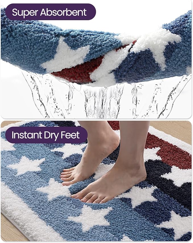 DEXI Rustic Star Bathroom Rug, 24x36 Non Slip Washable Bath Mat Absorbent, Ultra Soft Plush Microfiber Bathmat Quick Dry for Shower Floor, Tub, Sink, Colorful Stripes