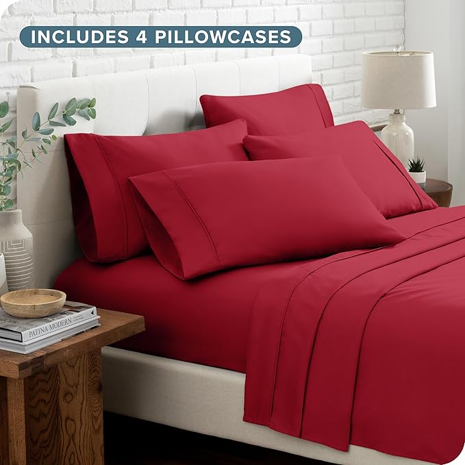 Bare Home Hotel Luxury Queen Sheet Set, Extra Soft - 6 Piece Set - Deep Pockets - Easy Fit - Cooling & Breathable - Wrinkle, Fade, Stain Resistant - Includes 4 Pillowcases (Queen, Red)