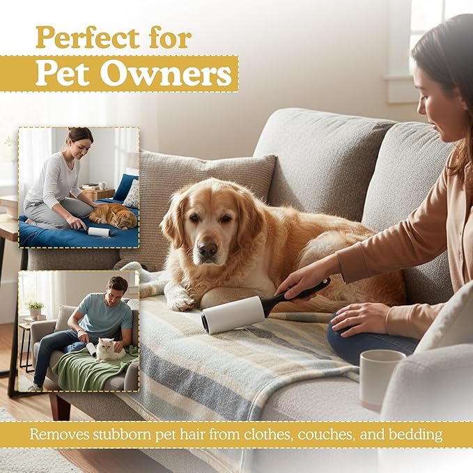 Extra Sticky Lint Roller Set 6 Pack 540 Sheets Wide Lint Remover Refills with 2 Easy Grip Handles Pet Hair Remover for Clothes Furniture Car Seats Bedding Couch Carpet and Laundry