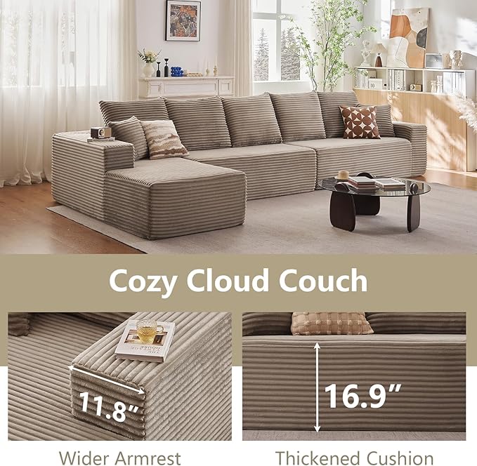 166.9" Cloud Sectional Couch with L-Shape Chaise, Modern Modular Comfy Sofa Chaise Longue, Upholstered Corduroy Couches Sleeper with Deep Seat for Living Room Bedroom, No Assembly Required, Camel