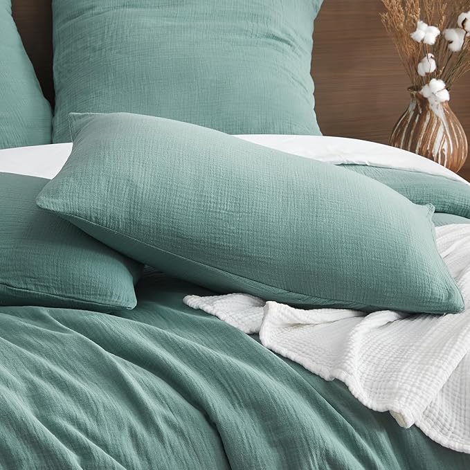 EMME Muslin Cotton Duvet Cover Set Teal King Size Linen Like Soft Breathable Lightweight Summer Comforter Cover Set with Zipper Closure (Teal, King, 104"x90")