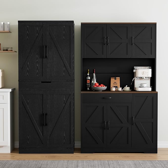 72" Tall Storage Cabinet, Kitchen Pantry Cabinet with Adjustable Shelves & Sturdy Steel Frame, Farmhouse Pantry Storage with 4 Barn Doors for Kitchen, Dining Room, and Living Room, Black