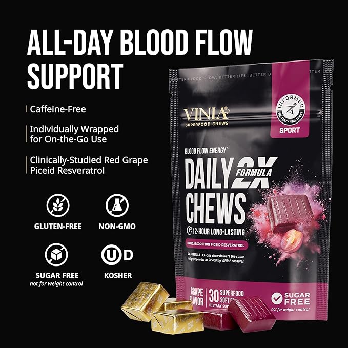 VINIA Resveratrol Heart Chews. Nitric Oxide, Blood Flow & Circulation Support | Heart Health Energy Supplement | Non-GMO, Sugar Free & Gluten Free, Grape Flavor, 30 Count