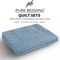 Quilt Set King/Cal King/California King Size Ash Blue - Oversized Bedspread - Soft Microfiber Lightweight Coverlet for All Season - 3 Piece Includes 1 Quilt and 2 Shams, Geometric Pattern