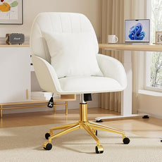 Home Office Desk Chair Comfy with Adjustable Swivel Wheels, Modern Velvet Makeup Vanity Chair with Back & Pillow, Ergonomic Office Chair Computer Task Chair for Living Room, Bedroom, White