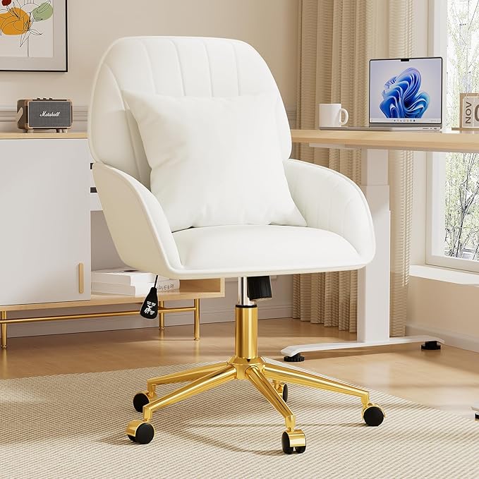 Home Office Desk Chair Comfy with Adjustable Swivel Wheels, Modern Velvet Makeup Vanity Chair with Back & Pillow, Ergonomic Office Chair Computer Task Chair for Living Room, Bedroom, White