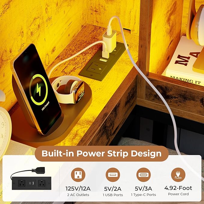 VIAGDO Corner Bed Frame with Storage Bookcase and 6 Drawers, Twin XL Metal Platform Corner Bed Frame with LED Lights and Charging Station, Twin XL Daybed for Kids Teenagers, Rustic Brown & Black