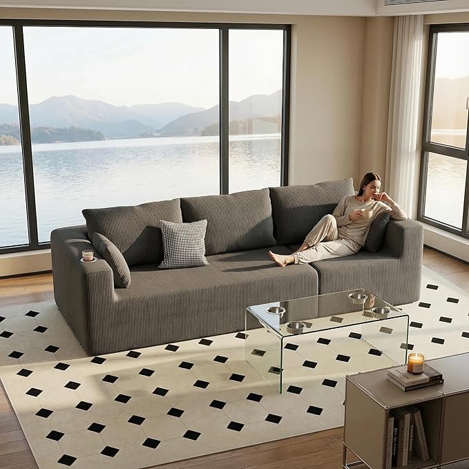 Furnimart 112" Oversized 3 Seater Sleeper Couch, Sectional Sofa Bed Boneless Cloud Couches for Living Room, Modern Deep Seat Modular Sofa, No Assembly Corduroy Dark Grey
