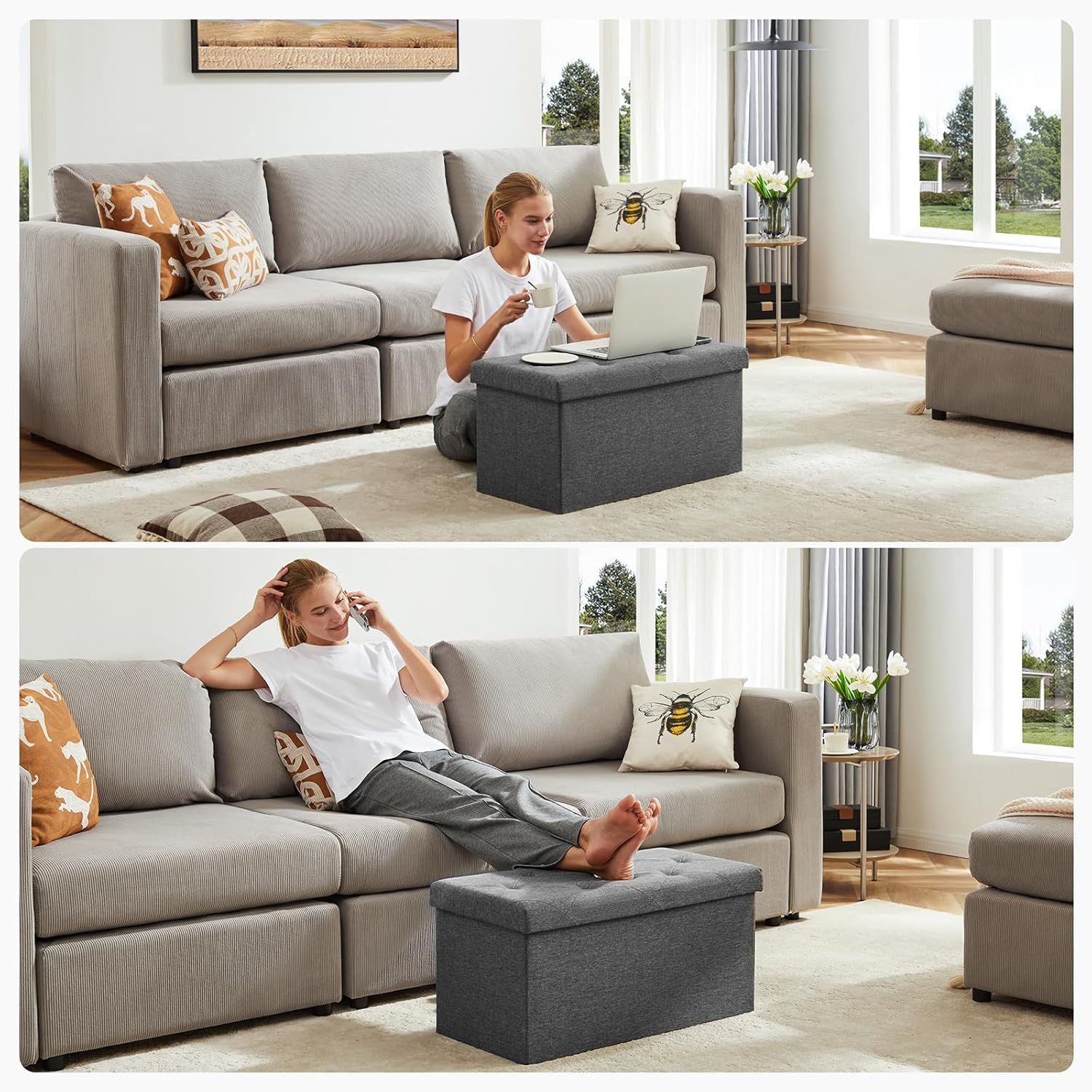 DUMOS 30in Foldable Storage Ottoman Bench, Storage Chest, End of Bed Foot Rest Stool with Padded Seat, Bedroom Bench for Living Room, Bedroom, Support 660lbs, Grey Dormly