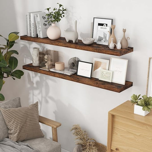 55 Inch Floating Shelves for Wall Set of 2, 55x9.3 Large Floating Shelf for Bedroom, Kitchen, Bathroom, Wall Mounted Rustic Wood Shelves with Invisible Bracket for Books, Decor, Rustic Brown