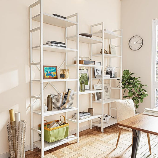 SUPERJARE Triple 5 Tier Bookshelf, Bookcase with 14 Open Display Shelves, Wide Book Shelf Book Case for Home & Office, White