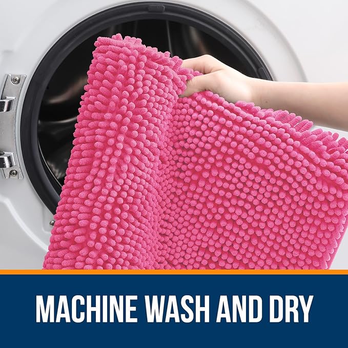 OLANLY Bathroom Rugs 59x24, Extra Soft Absorbent Chenille Bath Rugs, Rubber Backing Quick Dry, Machine Washable Bath Mats for Bathroom Floor, Tub and Shower, Home Decor Accessories, Hot Pink