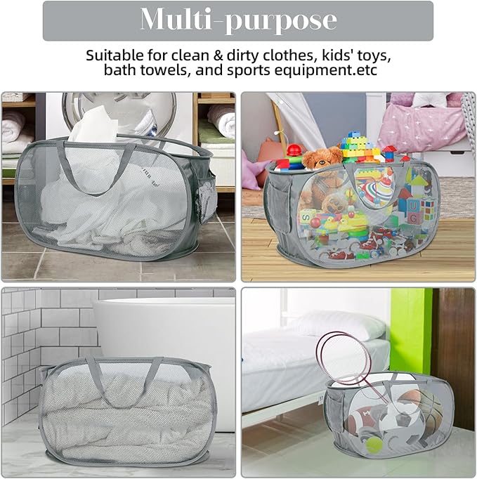 2 Pack Durable Collapsible Laundry Baskets - Reinforced Mesh Pop Up Laundry Hamper with Pocket, Foldable Dirty Clothes Hamper with Carry Handles for Laundry, Bathroom, Kids Room, Dorm or Travel Grey
