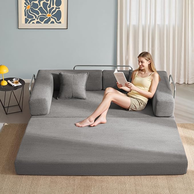 YINIX Foldable Sofa Bed, 78'' Folding Floor Couch, Compressed Convertable Sleeper Sofa, Memory Foam Couch with Pillow Back Support Armrest, 4-in-1 Futon Sofa Bed for Living Room, Light Gray