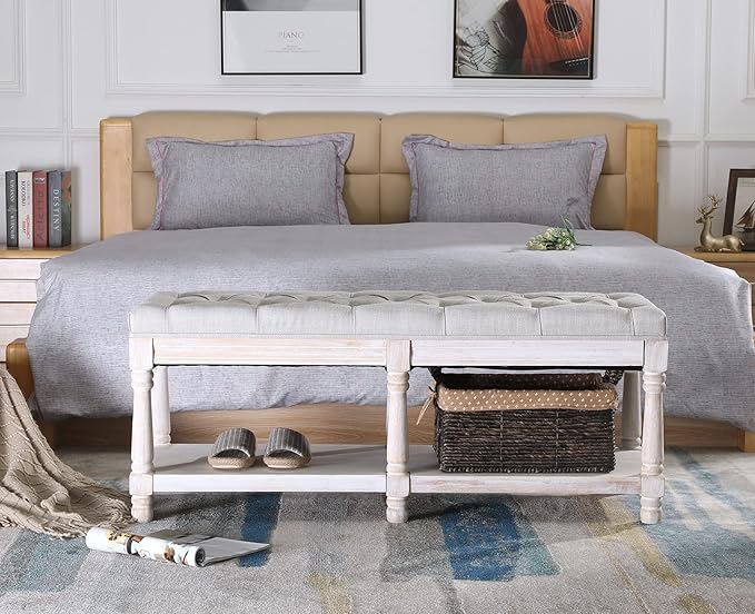 chairus Shoe Rack Bench Storage Vintage Bedroom Padded Bench Seat End of Bed, Fabric Tufted Farmhouse French Entryway Bench with Wood Legs for Hallway Foyer, Beige