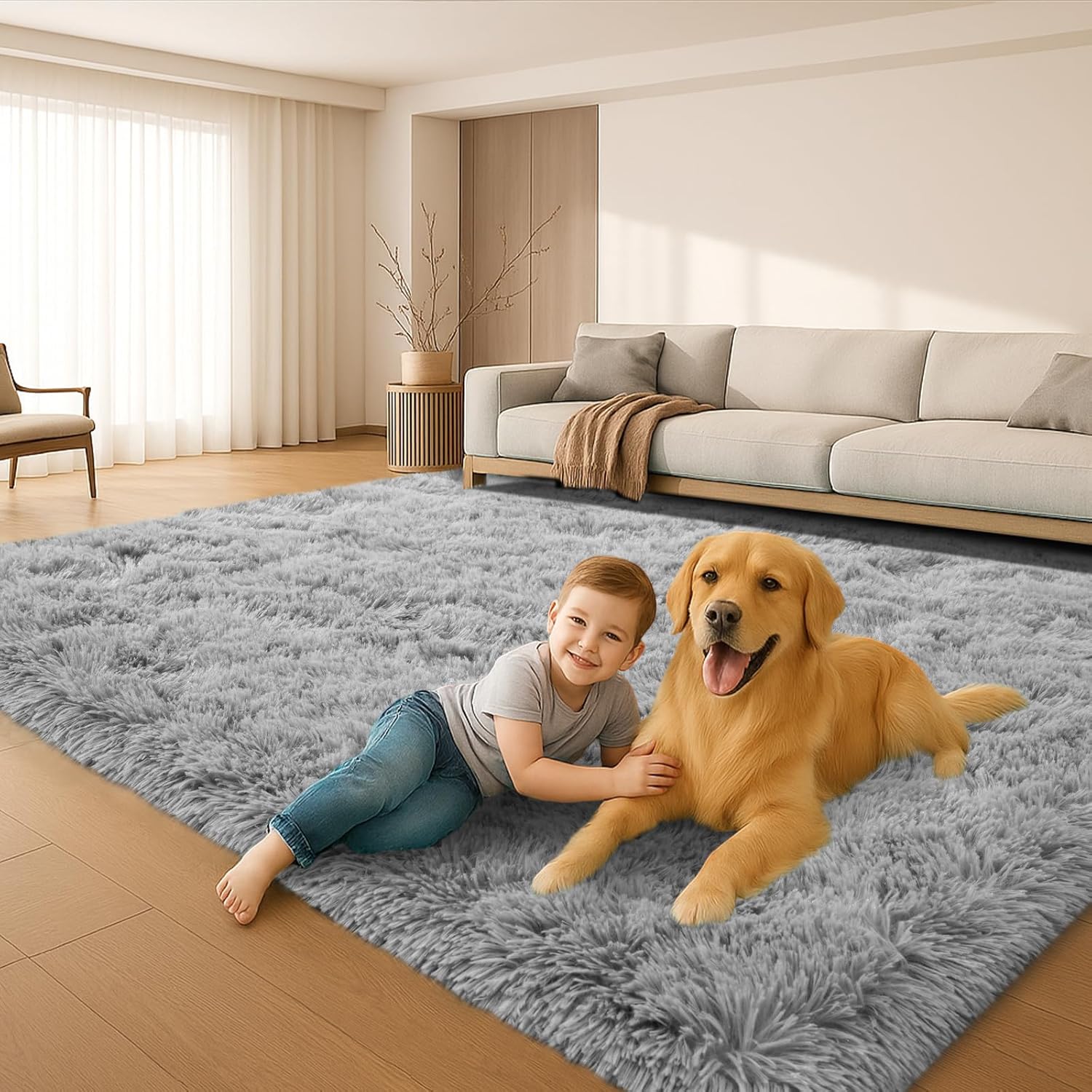 8x10 Area Rugs Living Room, Beige Large Plush Fluffy Bedroom Carpet, Non-Slip Upgraded Indoor Thick Soft Rug, Modern Plush Carpet Suitable for Kids Home Decor Aesthetics Dorm. Dormly