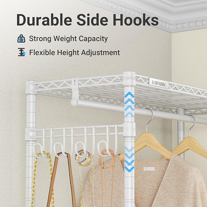 VIPEK V4C Garment Rack with Cover, Heavy Duty Portable Closet Adjustable Metal Clothing Rack for Hanging Clothes with Hanging Rods & Side Hooks, Max Load 810lbs, White Rack with Black Cover
