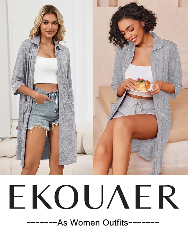 Ekouaer Zipper Robes for Women 3/4 Sleeve Housecoats Knee Length Bathrobe Lightweight Nightgown with Pockets S-3XL