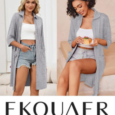 Ekouaer Zipper Robes for Women 3/4 Sleeve Housecoats Knee Length Bathrobe Lightweight Nightgown with Pockets S-3XL