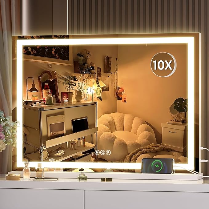 Hasipu Vanity Mirror with Lights, 28" x 20" LED Makeup Mirror, Lighted Makeup Mirror with Dimmable 3 Modes, Touch Screen Control Vanity Mirror Square White