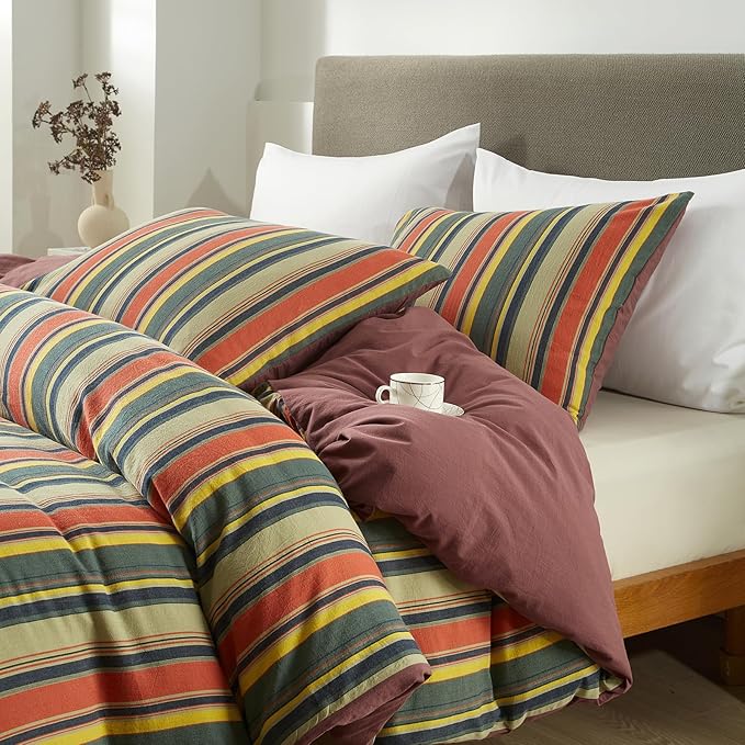 VM VOUGEMARKET Multicolor Striped Duvet Cover Queen Size Washed Cotton Stripes Bedding Duvet Cover Set - Cozy Boho Stylish Bedding Set for Men & Women