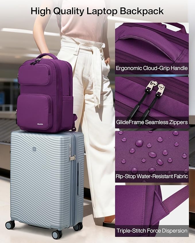 MILADA Expandable Travel Backpack 28L to 39L, TSA-Approved Carry On Backpack with 17 Inch Laptop Compartment, School Business Work Backpack for Men & Women, Purple