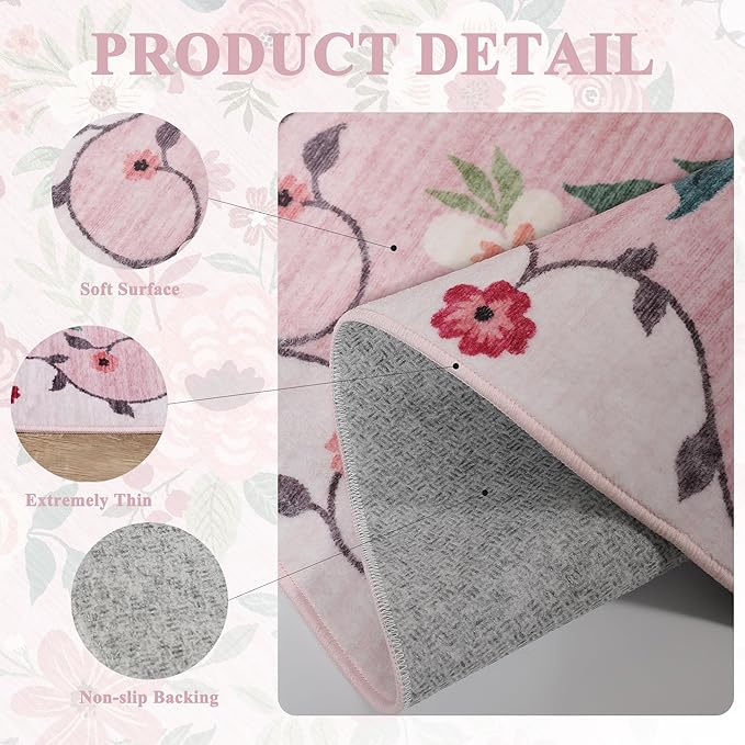 DUKINO 2x6 Kitchen Runner Rug for Hallway, Washable Runner Rug with Non Slip Backing, Low Pile Soft Boho Floral Carpet for Girls Room, Kitchen, Entryway, Laundry, Bedroom, Pink