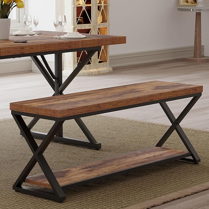 IBF Farmhouse Wood Bench, Industrial Storage Entryway Indoor Bench for Bedroom Hallway Living Room, Rustic Wooden Metal Shoe Rack Accent Foyer Bench Seat for Entrance Sitting, Rustic Brown, 47 in Long