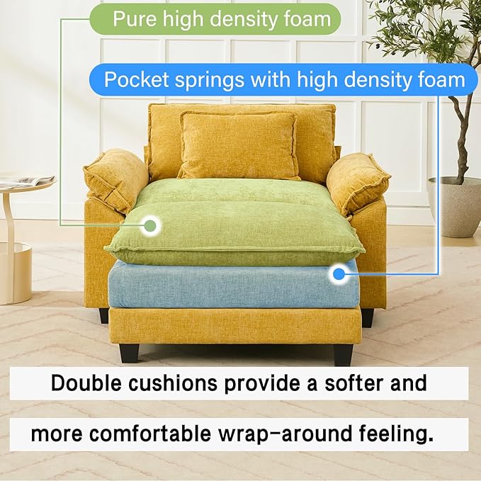 53" Modular Sectional Sofa, Comfy Cloud Couch Sectional Sofa with Ottoman, Chenille Sofa Sleeper Deep Seat Sofa with Throw Pillows for Living Room (Yellow)