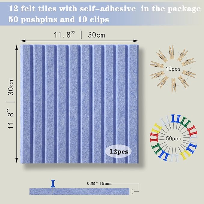 Large Cork Board Alternative-12 Pcs Self-Adhesive Felt Bulletin Board Tiles, Felt Pin Board Cork Board Tiles for Home Office Wall Decor, Tack Board 47"x35" (Light Blue