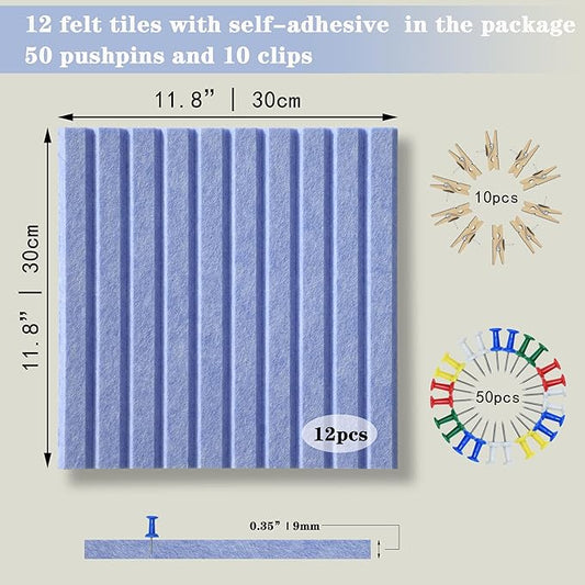 Large Cork Board Alternative-12 Pcs Self-Adhesive Felt Bulletin Board Tiles, Felt Pin Board Cork Board Tiles for Home Office Wall Decor, Tack Board 47"x35" (Light Blue