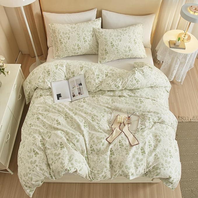 HighBuy 3 Pieces Duvet Cover Twin XL White Duvet Cover with Green Floral Print,Coquette Soft Cotton Comforter Cover Boho Style,Aesthetic Twin XL Bedding Set with Zipper Closure 4 Ties,All Season