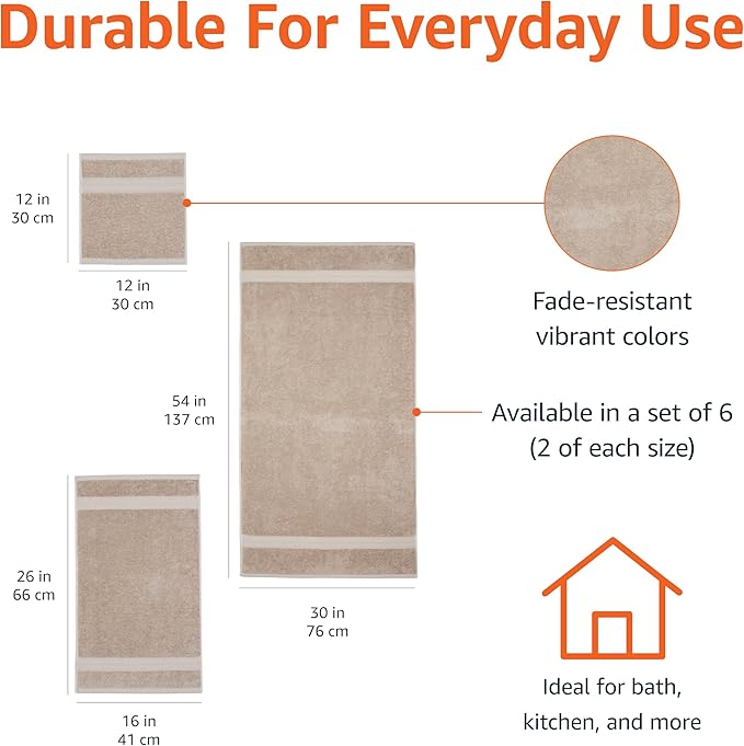 Amazon Basics Fade Resistant Bath, Hand and Washcloth Towel Set, 100% Cotton, Set of 6, 30 x 54 inches, Taupe