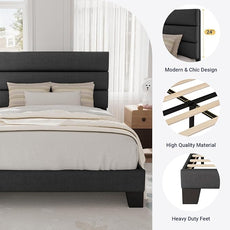 Allewie Twin Size Platform Bed Frame with Fabric Upholstered Headboard and Wooden Slats Support, Fully Upholstered Mattress Foundation/No Box Spring Needed/Easy Assembly, Dark Grey