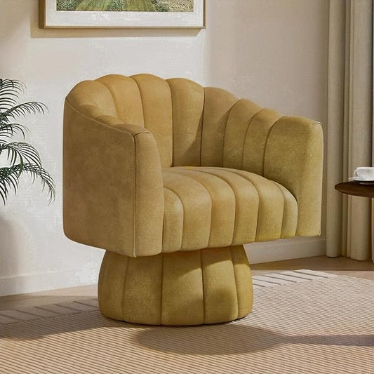 Modern 360 Degree Leather Swivel Cuddle Barrel Accent Sofa Chairs, Round Armchairs with Wide Upholstered, Leather Reading Chair for Living Room, Bedroom, Office, Waiting Rooms, (Mustard)